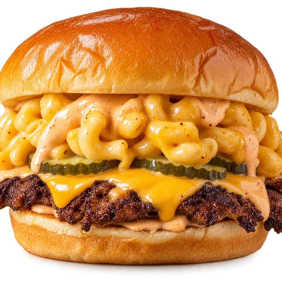 Gourmet burger topped with macaroni and cheese, pickles, cheddar, crispy fried chicken, and creamy sauce on a brioche bun.