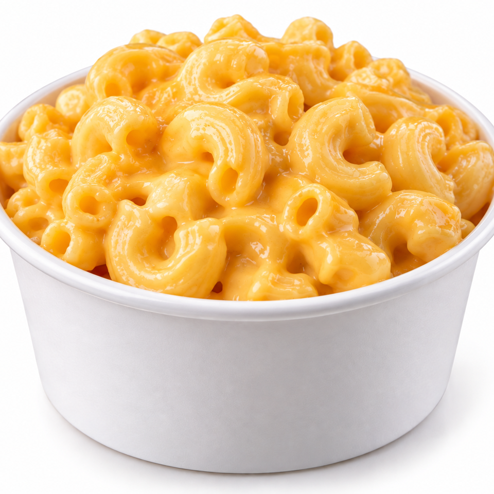 A white bowl filled with glossy elbow macaroni coated in creamy orange cheese sauce against a plain white background.