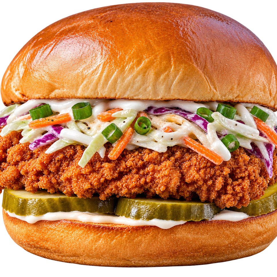Crispy fried chicken sandwich with creamy slaw, pickles, scallions, and spicy sauce on a toasted brioche bun.