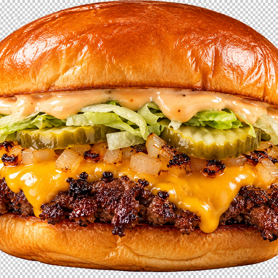 Juicy cheeseburger on a brioche bun with pickles, lettuce, grilled onions, creamy sauce, and a crispy-edged beef patty.