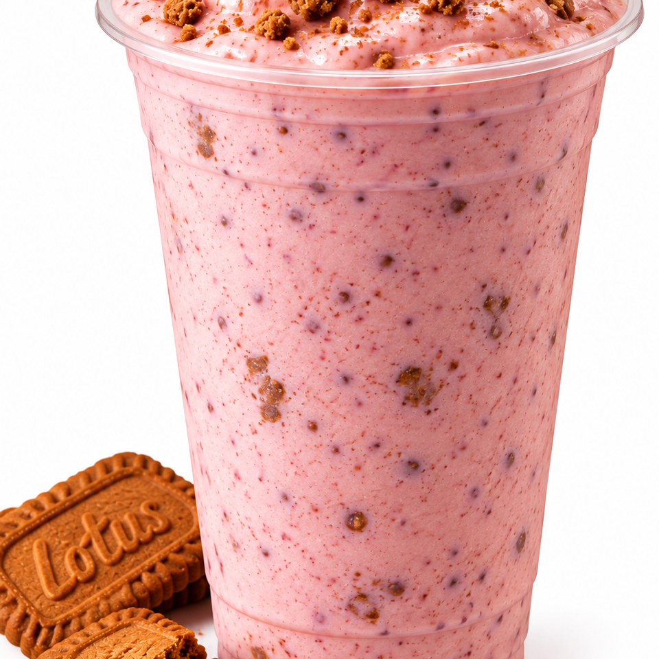 Pink strawberry dessert topped with crumbled cookies and cookie pieces in a clear plastic cup.