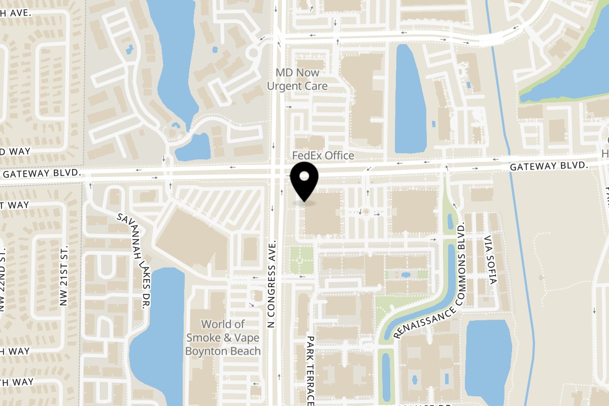 Map showing the location of Cluck N Smash on 1880 N Congress Ave Ste 108 in Boynton Beach